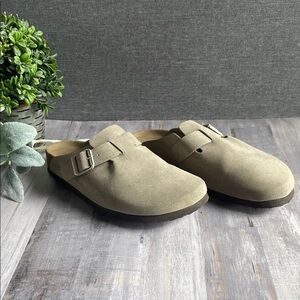 Women’s Tan Suede Mules with Adjustable Strap